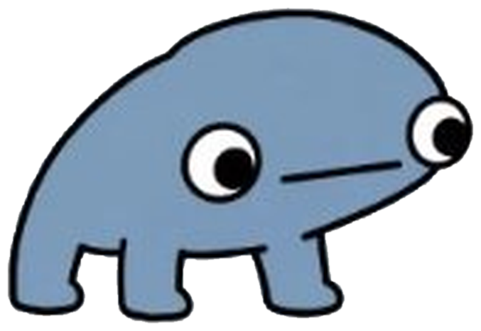 Frongus, a blue-grey blob creature with big round eyes and short legs