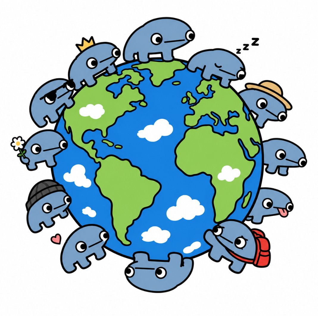 Many Frongus standing around planet Earth
